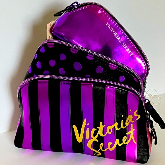 Victoria's Secret Handbags - Gift Set of 3 purple metallic bags - stripes polka dots & sold with gold